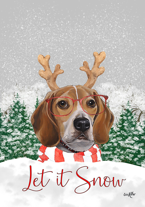 Beagle Christmas house flag with red glasses and 'Let it Snow' script