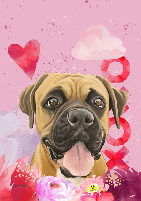House flag featuring a fawn dog face with tongue, red hearts, and colorful flowers