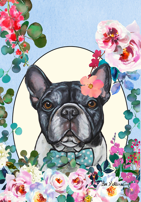 Black and white French bulldog garden flag with floral wreath and pink accents