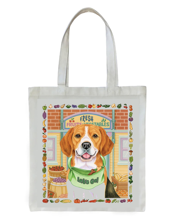 White canvas tote bag with beagle illustration and colorful fruit graphic