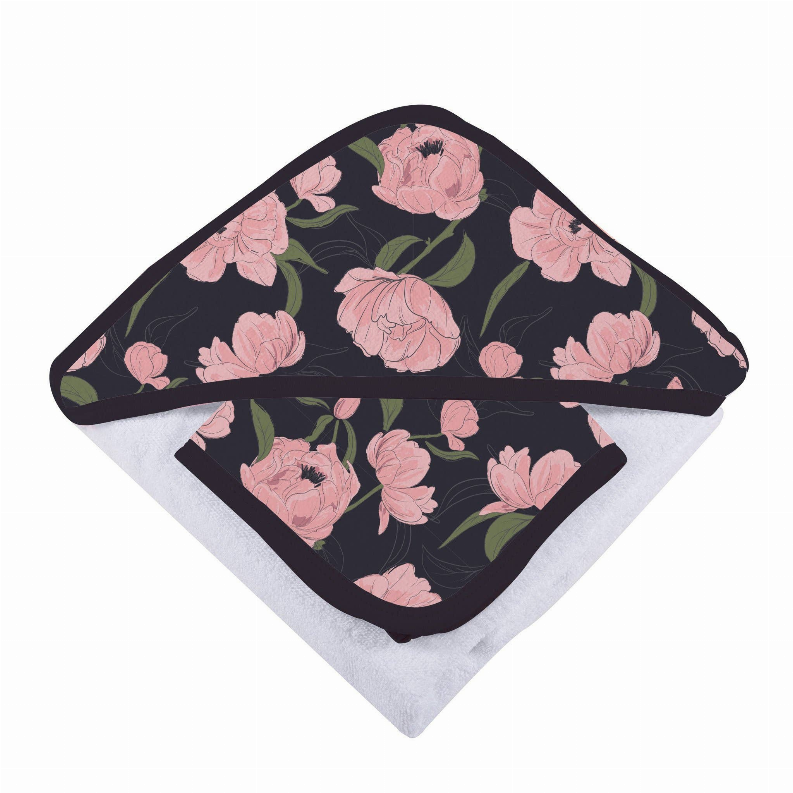 Bamboo washcloth with pink floral print border and gray terry backing