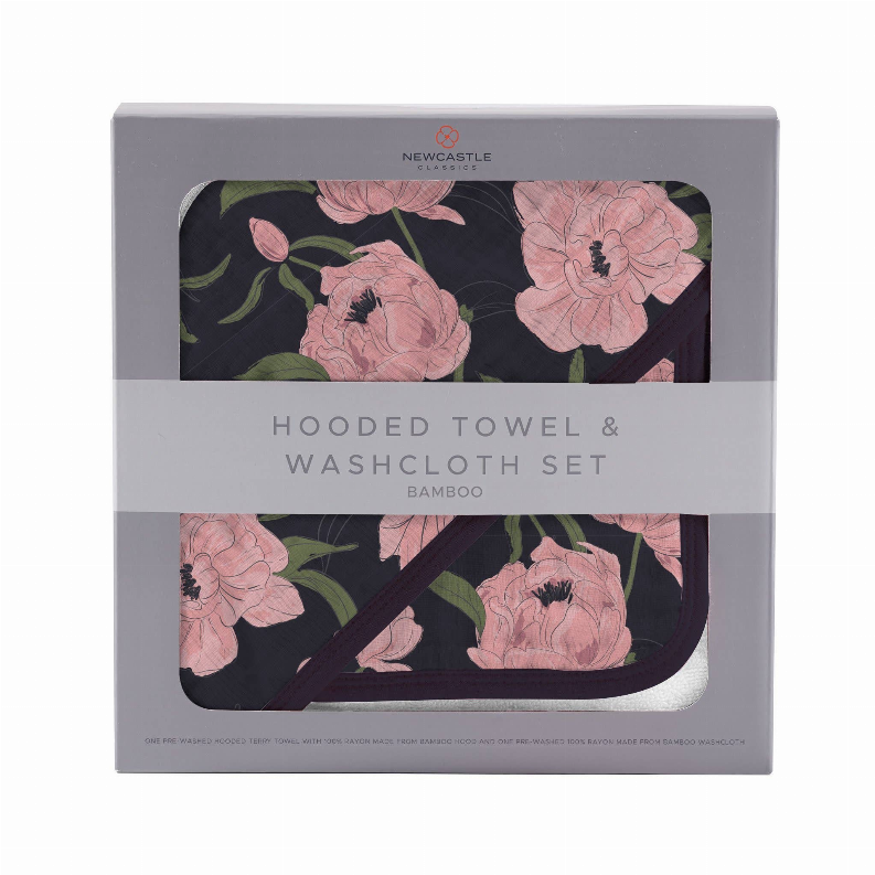 Bamboo hooded towel and washcloth set in black with pink floral, in gift box
