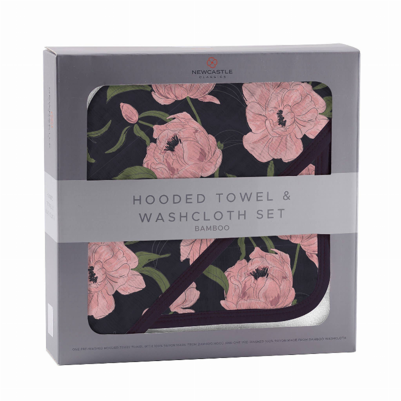 Bamboo hooded towel and washcloth set gift box, black fabric with pink floral design