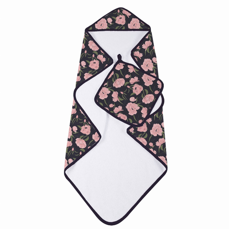 Hooded baby towel with pink floral print and white hood panel, black trim
