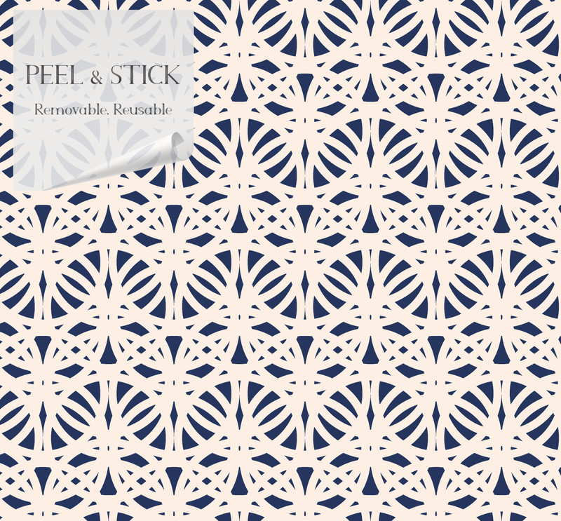 Peel-and-stick wallpaper sample with navy and cream medallion lattice pattern