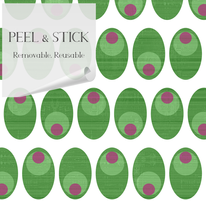 Peel-and-stick wallpaper sheet with repeating green avocado ovals and purple seed shapes