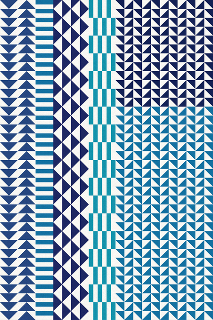 Geometric vinyl floor covering with navy chevron columns, teal stripe, and white diamonds