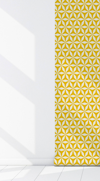 Yellow and white peel-and-stick vinyl wallpaper panel with repeating geometric pattern