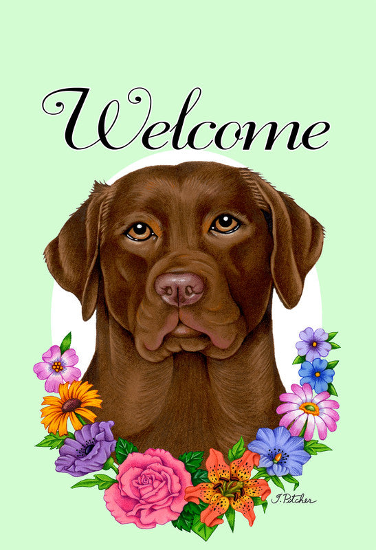 Chocolate Labrador welcome garden flag with flower wreath and 'Welcome' text