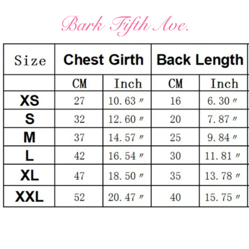 Size chart from Bark Fifth Ave. with chest girth and back length measurements