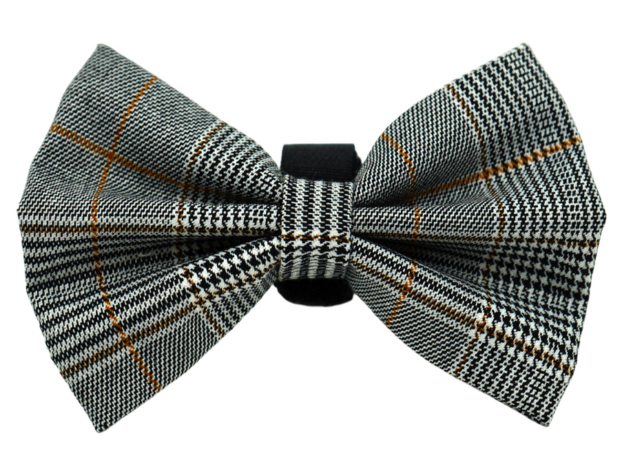 Pets ribbon bow tie in dark plaid with orange stripes and black center