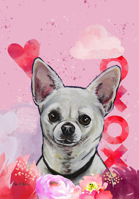 Hanging garden flag with Chihuahua portrait, hearts, and flowers in pink
