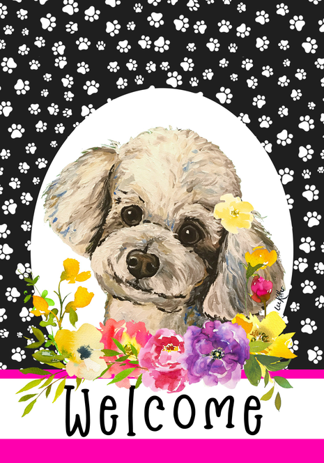 Dog face house flag with paw pattern border, flowers, and 'Welcome' text