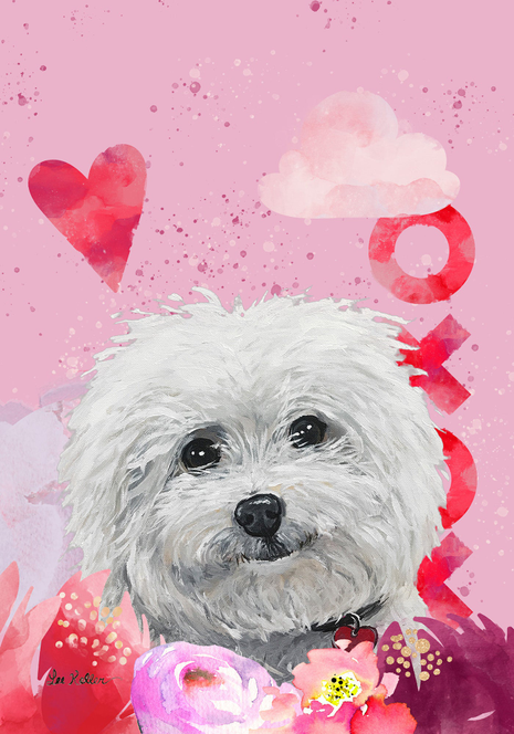 Hippie Hound Studios Valentine's house flag with white bichon dog and hearts