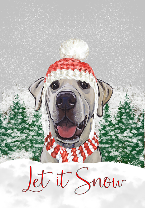 Christmas house flag with Labrador in red scarf and white hat, with red "Let it Snow" text