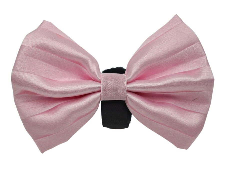 Pink satin ribbon bow with black elastic strap