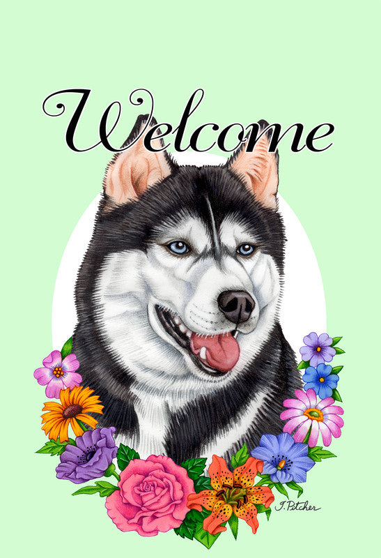 Garden flag with Siberian Husky head surrounded by colorful flowers and the word Welcome