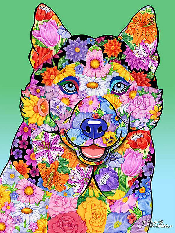 Decorative garden flag with colorful Siberian husky surrounded by flowers, stitched border