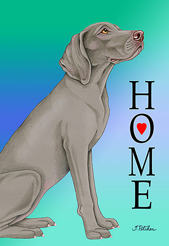 Garden flag with grey Weimaraner dog illustration and vertical HOME text with red heart