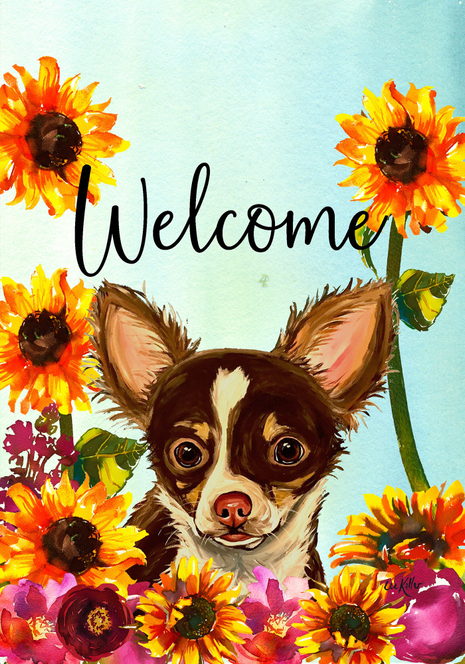 Welcome garden flag with a tan dog face and orange sunflowers surrounding it