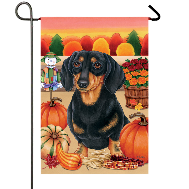 Black and tan French bulldog garden flag with pumpkins and flowers artwork