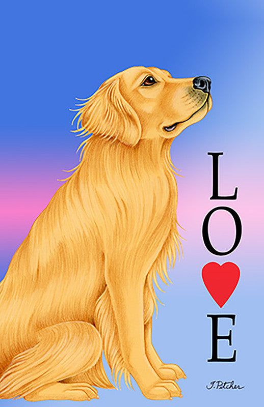 Garden flag with golden Great Dane and LOVE letters with red heart