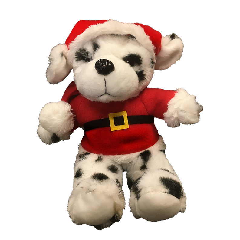 Dalmatian plush in red hooded firefighter outfit with black belt buckle
