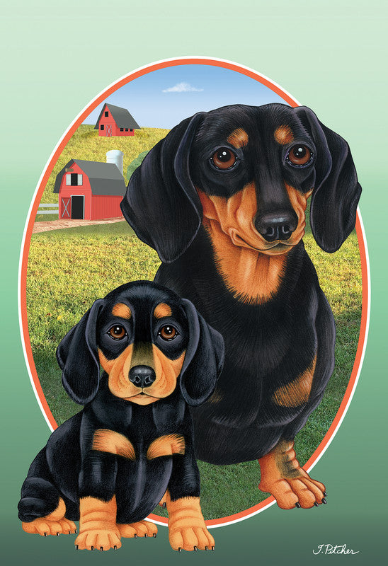 French bulldog garden flag featuring two black and tan puppies in oval frame