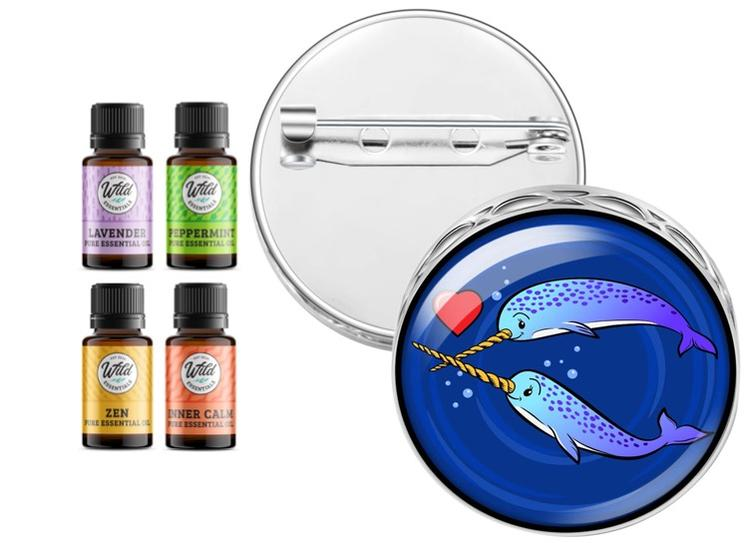 Narwhal pin brooch diffuser with round silver case and blue narwhal design