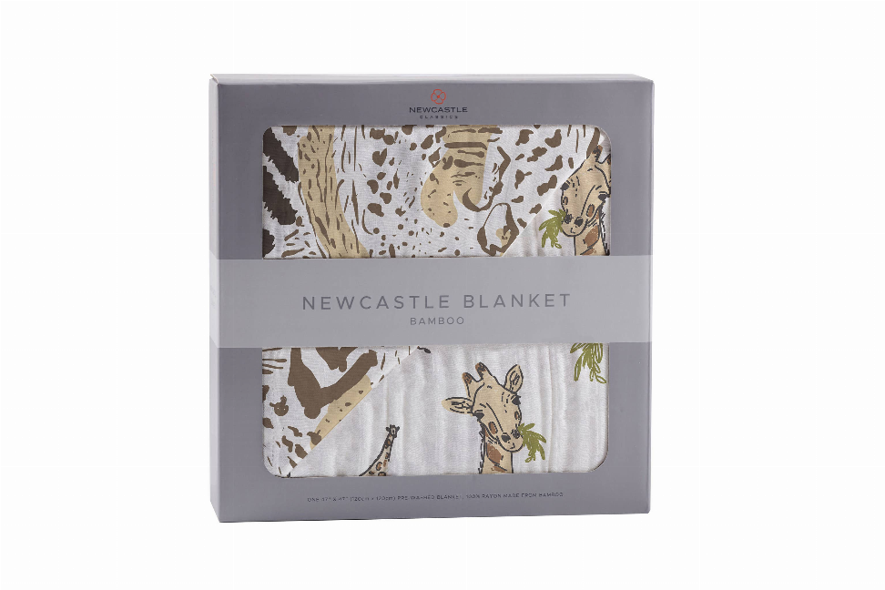 Bamboo baby blanket with jungle animal print in beige, tan, and cream