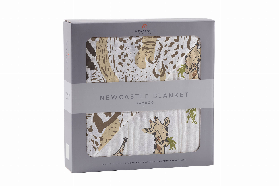 Bamboo baby blanket with jungle animal print shown in retail box