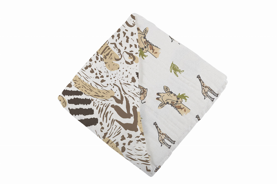 Jungle animal print baby blanket, folded white and tan with small green accents