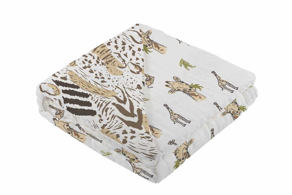 Jungle animal print bamboo baby blanket, folded beige and cream with safari animals