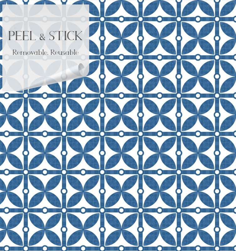 Blue and white medallion peel-and-stick wallpaper with repeating geometric pattern