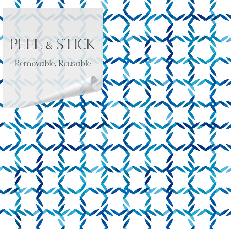 Peel-and-stick wallpaper with blue and white trellis link pattern