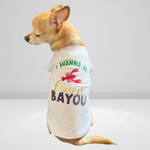 White dog shirt with 'I WANNA BE Loved BAYOU' text and red lobster graphic