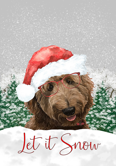 Christmas house flag with brown dog in red Santa hat and 'Let it Snow' text