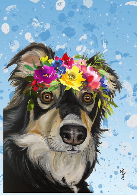 House and garden flag with Australian shepherd wearing a colorful flower crown