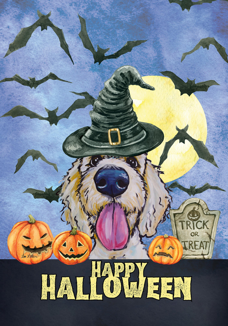 Halloween house flag with blonde doodle in witch hat, pumpkins, bats, and Trick or Treat text