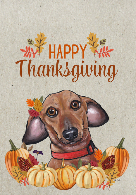 Thanksgiving dachshund garden flag with Happy Thanksgiving text, pumpkins, and fall leaves