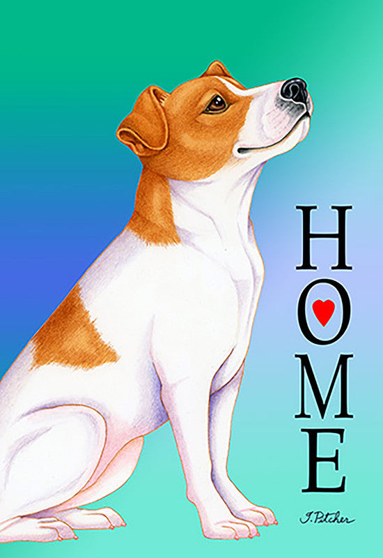 Lhasa Apso dog garden flag showing seated dog art with vertical H M E letters and red heart