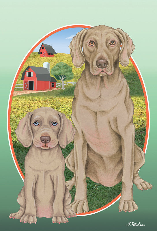 Weimaraner dog garden flag with two puppies illustration and red oval border