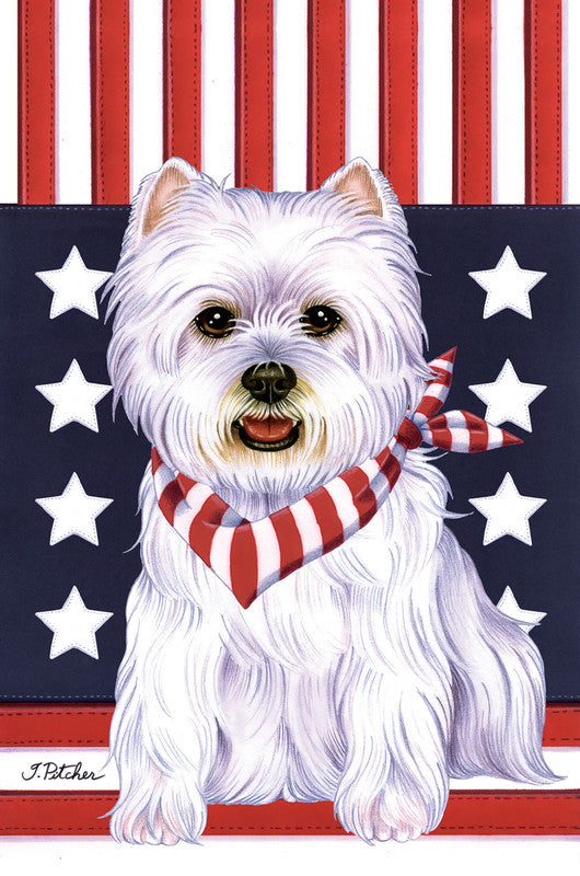 Patriot garden flag with white Westie dog and red striped neck scarf, starry blue field