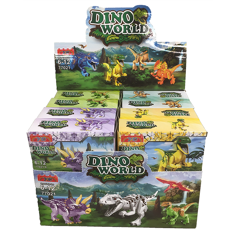Dino World dinosaur toy brick set display with multiple boxed dinosaurs