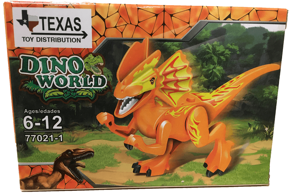 Dino World dinosaur toy brick set box with orange fire-breathing dragon figure
