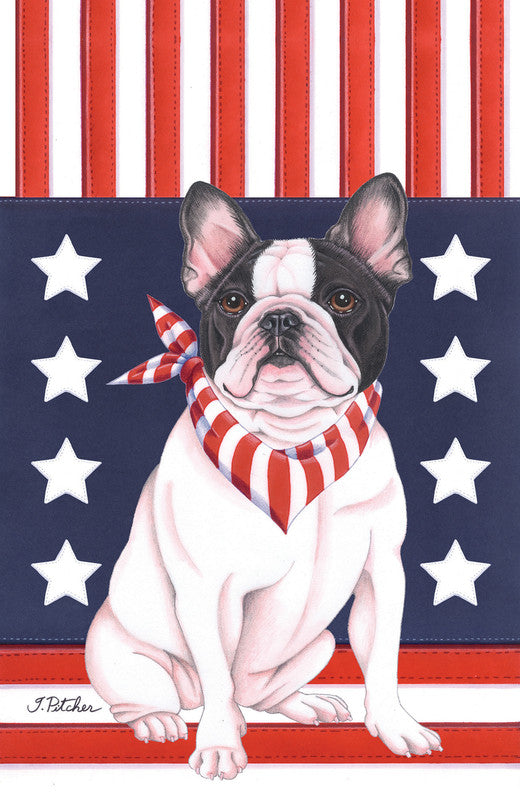 Patriot garden flag with dark blue stars, French bulldog portrait, red striped trim, scarf