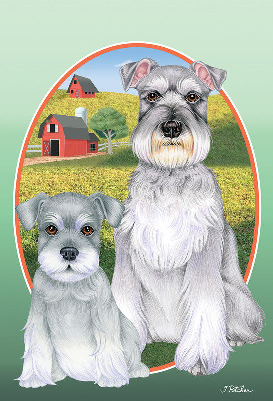 Garden flag with two gray-and-white schnauzers in an oval frame