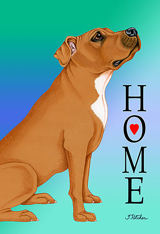 Welcome house and garden flag with brown dog, vertical “HOME” text, and red heart