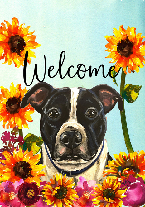 Dog-themed garden flag, black-and-white husky face with flowers and 'Welcome' text