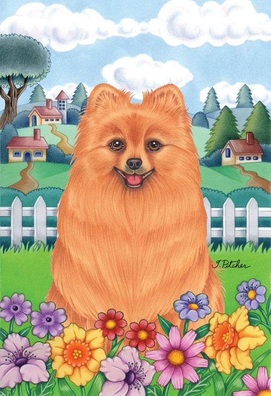 Dog-themed garden flag with smiling orange Westie head and colorful flowers